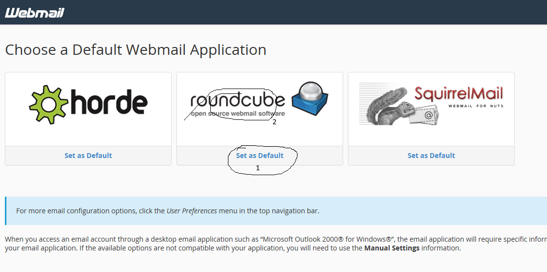 Alegerea clientului de webmail cu butonul Set as Default
