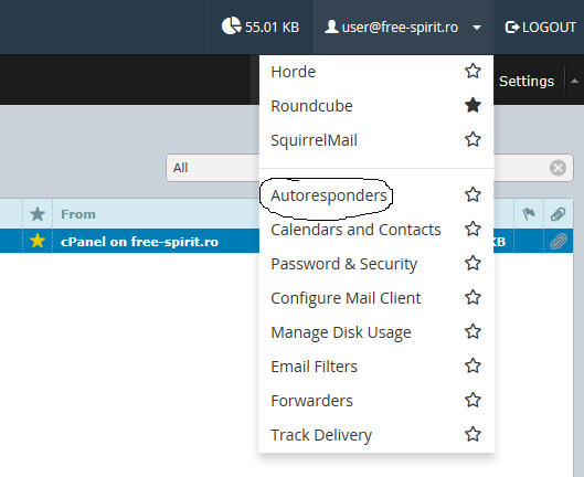 Meniul contului din webmail cu opțiunea Autoresponders