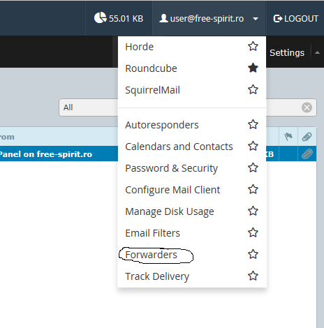 Meniul contului din webmail cu opțiunea Forwarders